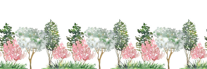 border for site design with plants trees, banner, sketches of landscape design painted with watercolor,