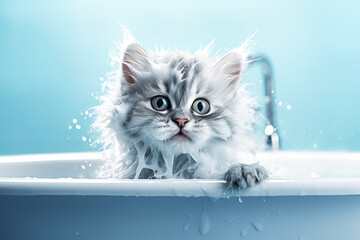 Cute fluffy adorable kitten in a bathtub relaxing. grooming concept, care pet