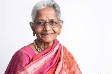 Lifestyle portrait of an Indian woman in her 70s wearing traditional sari against a white background