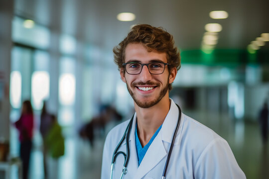 AI-generated image of a medical student young Caucasian man smiling in a hospital