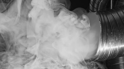 Smoke exhaust. Industrial smog. Air pollution. White toxic fume spreading from flexible duct pipe on dark black abstract background.