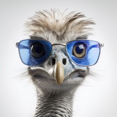 close-up of Emu with sunglasses on white background