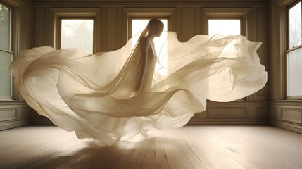 tissu blanc en mouvement enveloppant une femme, généré par IA