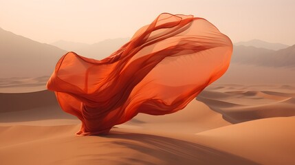 tissu orange en mouvement au milieu du desert, généré par IA - obrazy, fototapety, plakaty