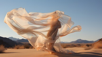 tissu blanc en mouvement enveloppant une femme au milieu du desert, généré par IA - obrazy, fototapety, plakaty