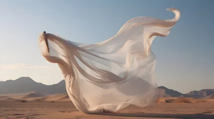 Fotobehang tissu blanc en mouvement au milieu du desert, généré par IA © Marvin Dgn