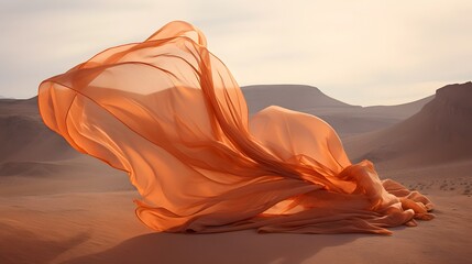 tissu orange en mouvement au milieu du desert, généré par IA