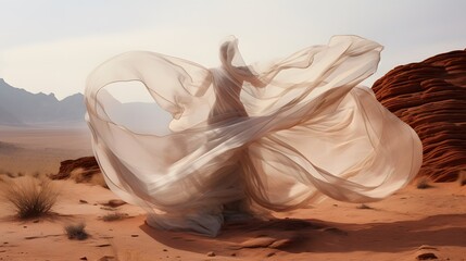 tissu blanc en mouvement recouvrant une femme au milieu du desert, g&eacute;n&eacute;r&eacute; par IA