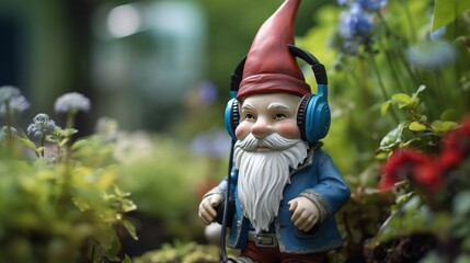 Photo of a gnome figurine with headphones in a garden - obrazy, fototapety, plakaty