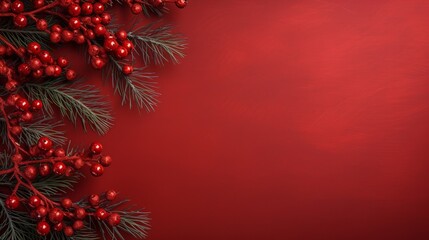 Photo of a festive red Christmas background with holly branches and berries