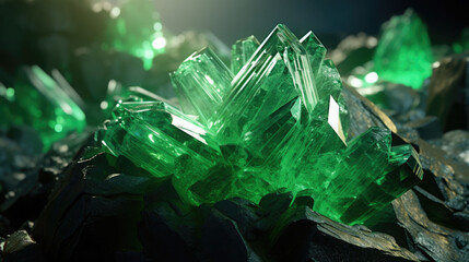 Hyperdetailed crystals of uvarovite. Green uvarovite mineral stone. AI generated