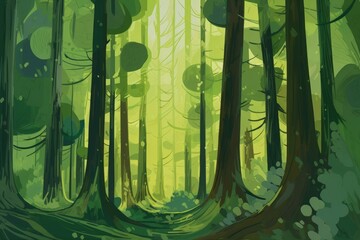 A vibrant green forest with tall trees