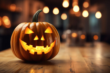 Fototapeta premium Halloween pumpkin on a wooden table. Halloween decorated room in the background. AI generated