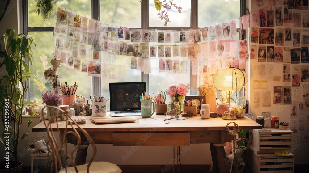 Poster a desk with a computer and a lot of pictures on the wall. generative ai