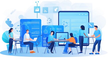 Scene depicting a team of developers working on mobile app development, coding for iOS or Android platforms