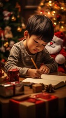 Asian little boy writing letter to Santa Claus in front of Christmas tree