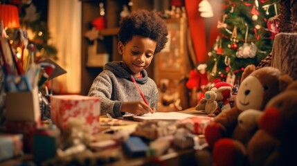 Cute little African-American boy writing a letter to Santa Claus. - obrazy, fototapety, plakaty