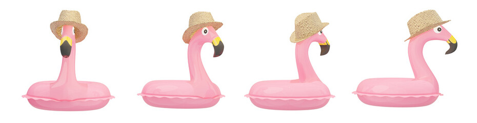 Pinker Flamingo mit Sonnenhut auf transparentem Hintergrund, 3D Rendering, 3D Illustration, PNG