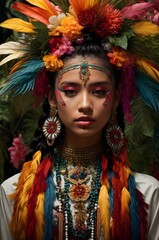 A woman wearing a vibrant feathered headdress