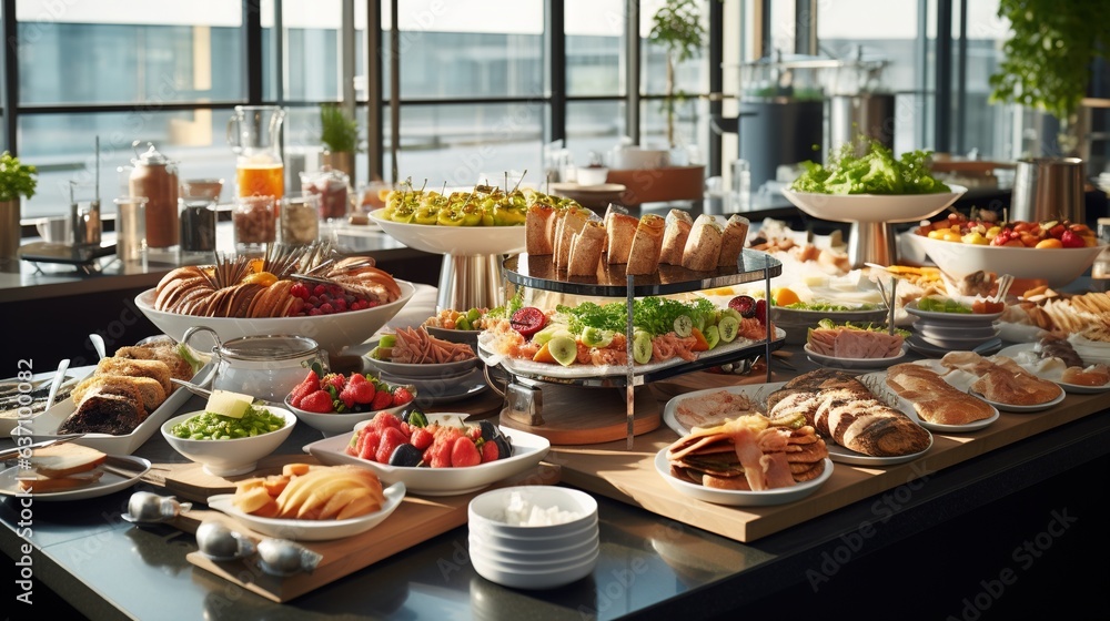 Poster a buffet table with many different types of food on it. generative ai