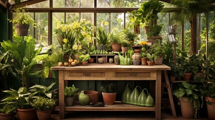  a wooden table topped with lots of potted plants next to a window.  generative ai