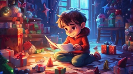 boy writing letter to Santa Claus near the Christmas tree
