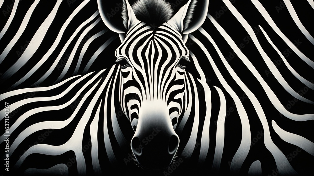 Poster a close up of a zebra's head with a black and white background. generative ai