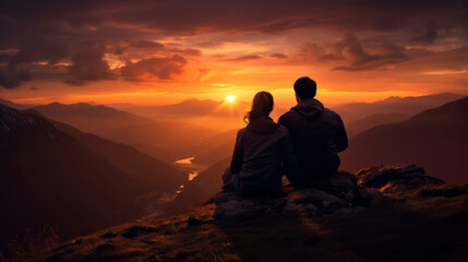 Fototapeta na wymiar Couple watching Sunset on Mountain