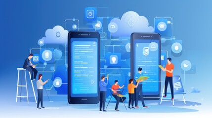 Scene depicting a team of developers working on mobile app development, coding for iOS or Android platforms