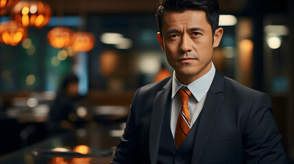 Fototapeta premium A Serious Looking Man in Office, Cafe, Restaurant, Meeting, Waiting