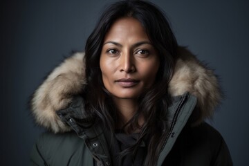 Close-up portrait of an Indian woman in her 40s wearing a warm parka in a minimalist background