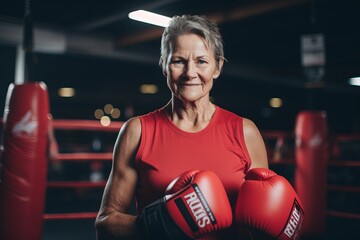 Fototapeta Portrait of senior woman with boxing gloves in boxing ring at gym obraz