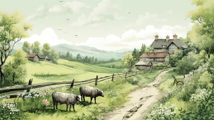  a painting of sheep grazing in a field near a country road.  generative ai