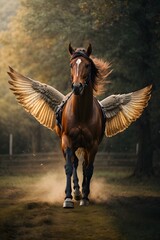 A majestic winged horse walking down a rustic dirt road