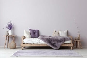 modern living room interior with sofa with light purple pillows and plaid, mockup for a picture art frame, on white wall background with sunlight