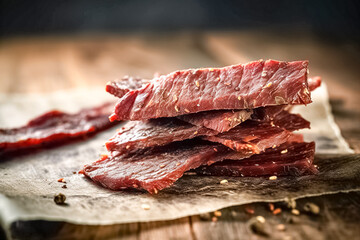 Pile of Beef Dried Peppered Jerky on Rustic Wooden Table. - Powered by Adobe