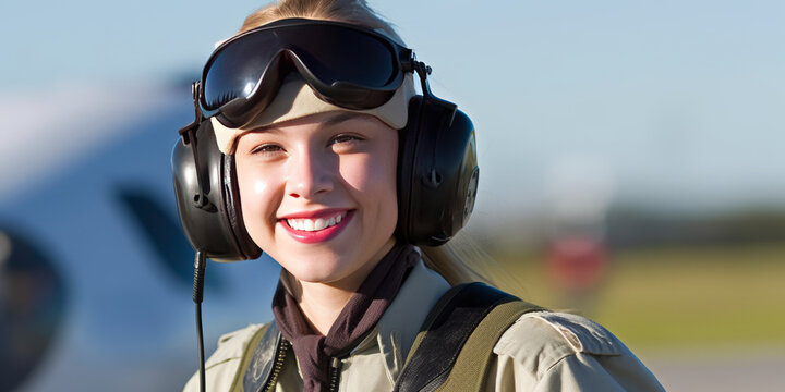 Captivating young female pilot in aviation uniform, aviator goggles on, against blurred plane at airport runway. Ideal 2:1 ratio.