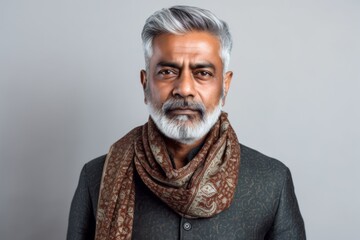 Lifestyle portrait of an Indian man in his 50s wearing a foulard in a minimalist background