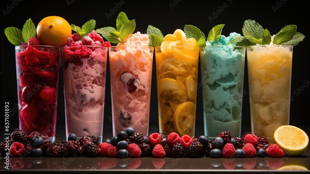 Poster a row of different types of ice creams with fruit. generative ai