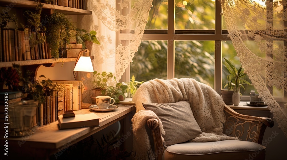 Poster a chair sitting in front of a window next to a lamp. generative ai