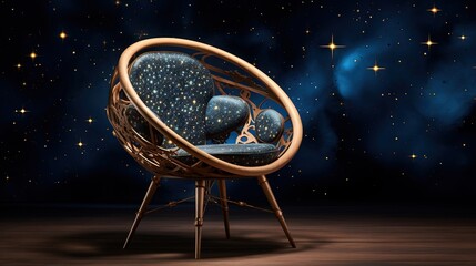  a blue chair with a blue cushion and a wooden frame.  generative ai