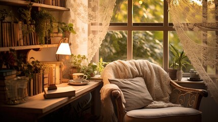  a chair sitting in front of a window next to a lamp.  generative ai