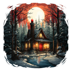A cozy Christmas Candle t-shirt design presenting a charming cabin in the woods, with candles illuminating the windows, Generative Ai