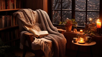  a chair with a blanket on it next to a window.  generative ai