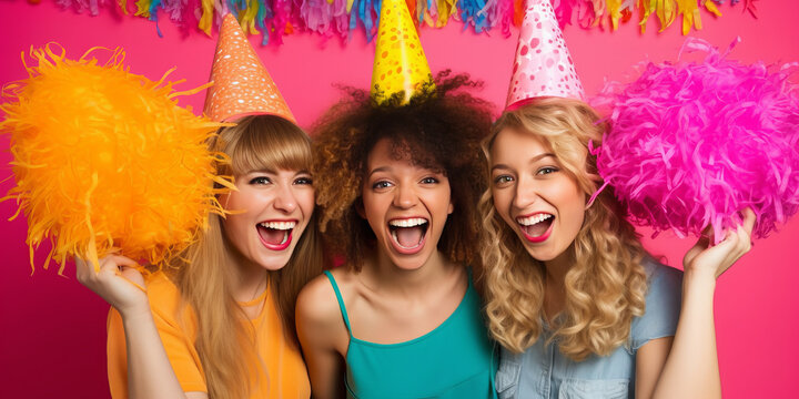 Joyful transition to adulthood epitomized by three radiant women playfully engaging with toy-shaped pinatas against a bright, candy-colored backdrop.