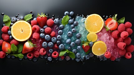  a bunch of fruit that are on a black surface with water droplets.  generative ai