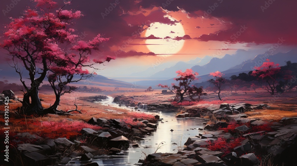 Poster a painting of a sunset with a river running through it. generative ai
