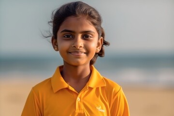 Medium shot portrait of an Indian child female wearing a sporty polo shirt in a beach 