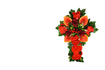 Sympathy card or Condolence card with floral cross isolated on white background, copy space