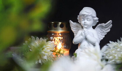 Condolence card with funeral candle, angel and flower - obrazy, fototapety, plakaty